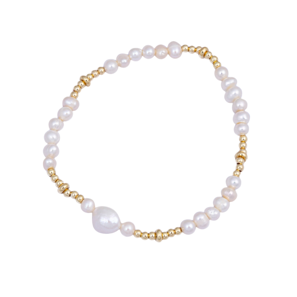 Gold Beaded & Freshwater Pearl Elasticated Bracelet