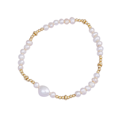 Gold Beaded & Freshwater Pearl Elasticated Bracelet