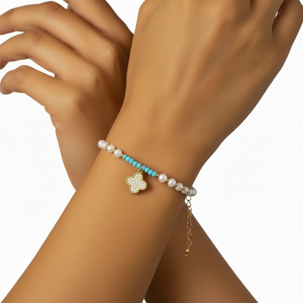 Turquoise & Pearl Clover Bracelet
