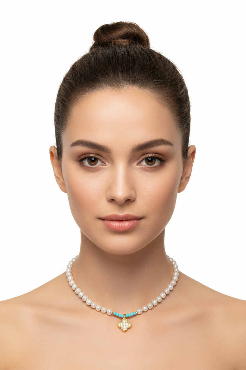 Turquoise & Pearl Clover Necklace