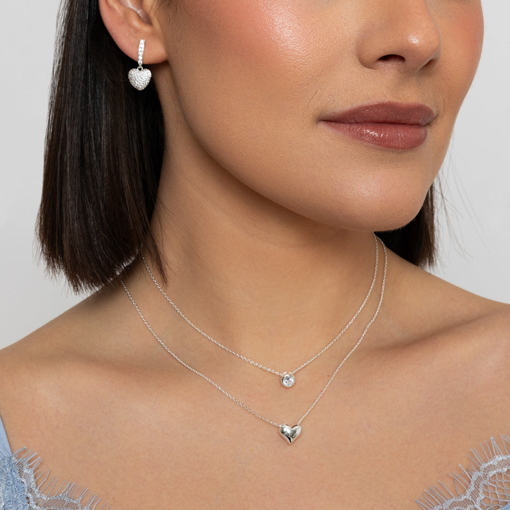 Silver Duo Heart & Solitaire Necklace