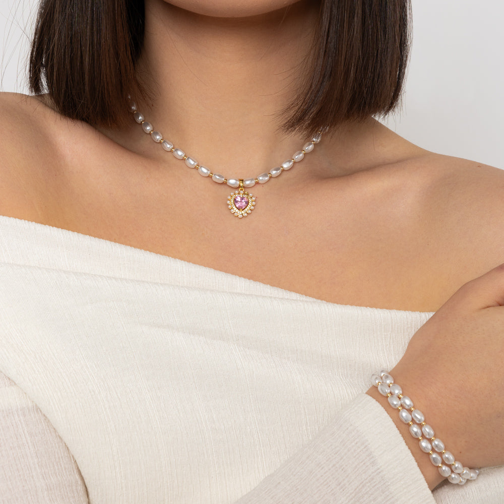 Rose Pink Drop Faux Pearl Necklace