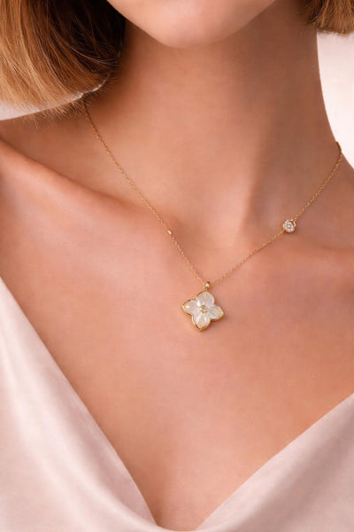 Detail shot of The Pink Box Mother of Pearl Floral Charm Pendant