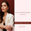 Woman in a cream blazer with text about contemporary style and free delivery.