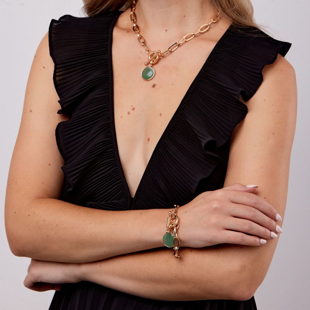 Chunky Paper Clip Chain & Green Drop Bracelet