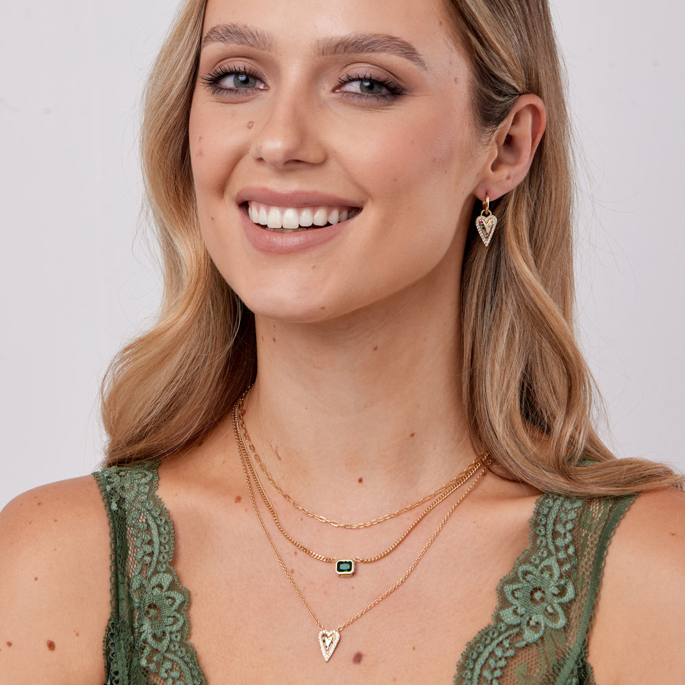 Rainbow Heart & Emerald Layered Necklace