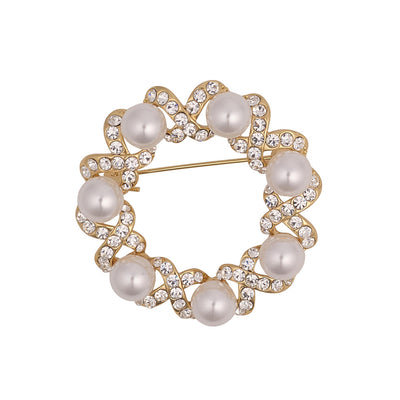 Pearl & Crystal Gold Circle Brooch