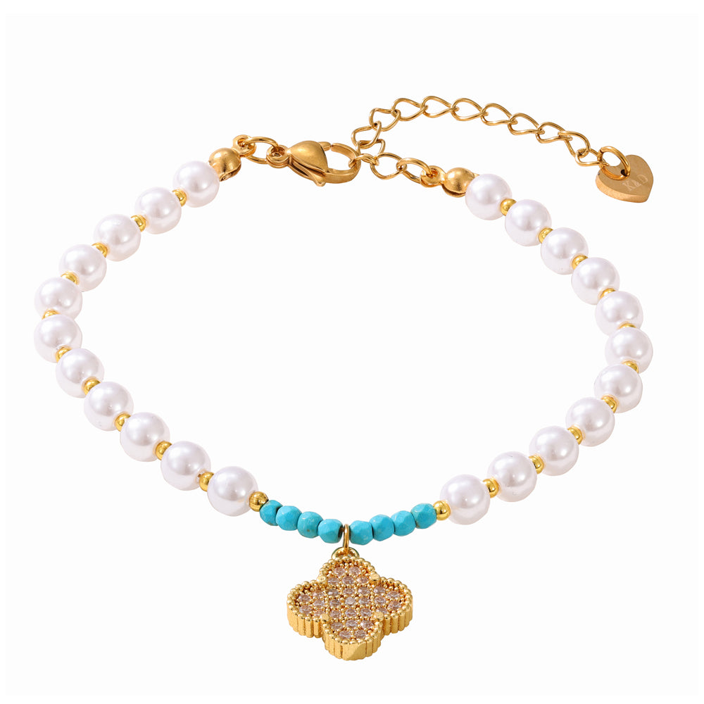 Turquoise & Pearl Clover Bracelet