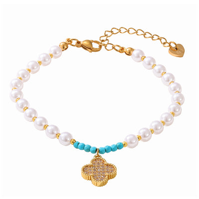 Turquoise & Pearl Clover Bracelet