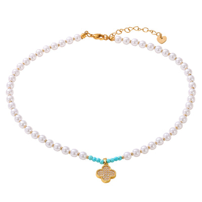 Turquoise & Pearl Clover Necklace