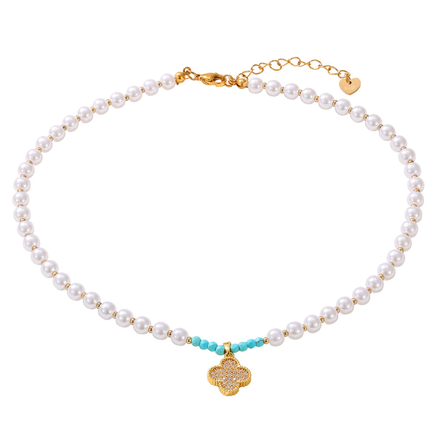 Turquoise & Pearl Clover Necklace