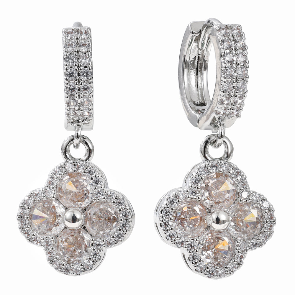 Crystal Clover Rhodium Drop Earrings