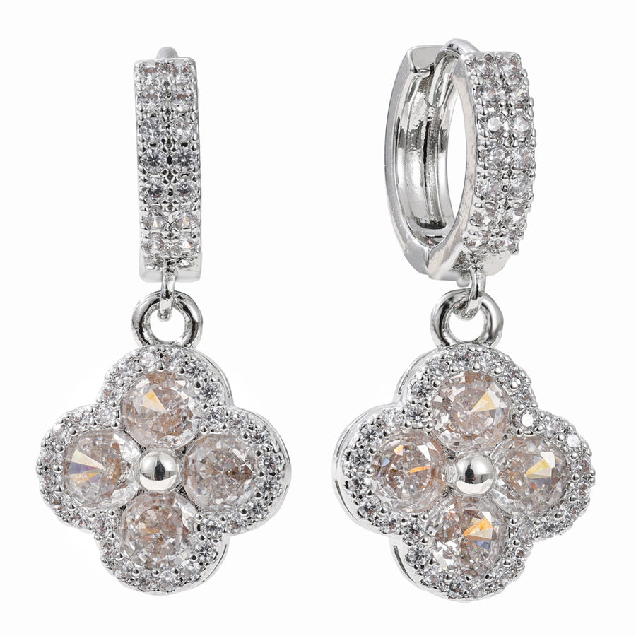 Crystal Clover Rhodium Drop Earrings