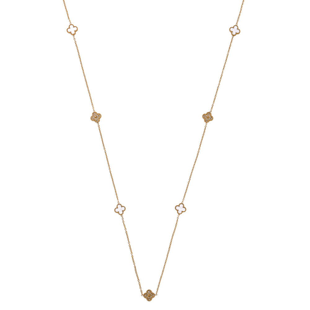 White & Crystal Clover Long Necklace