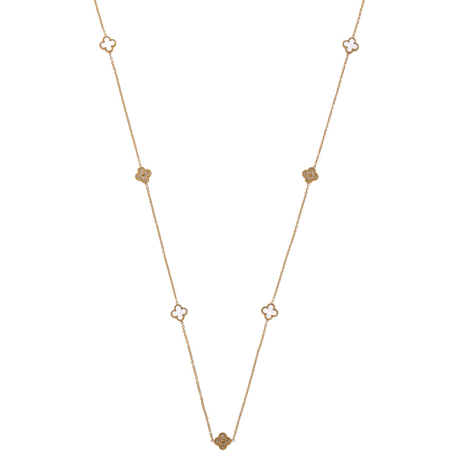 White & Crystal Clover Long Necklace