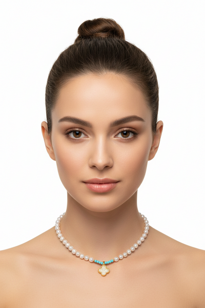 Turquoise & Pearl Clover Necklace