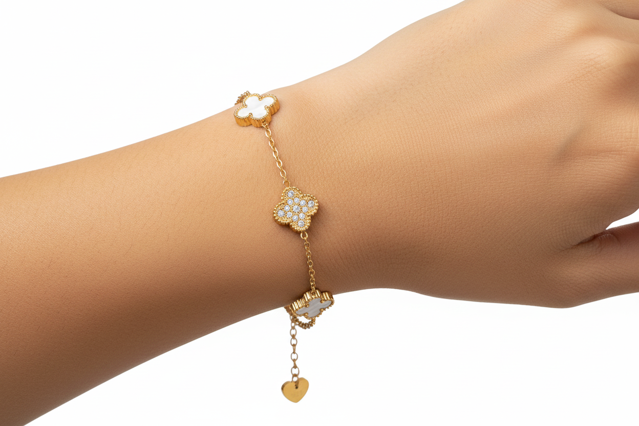 White & Crystal Clover Bracelet