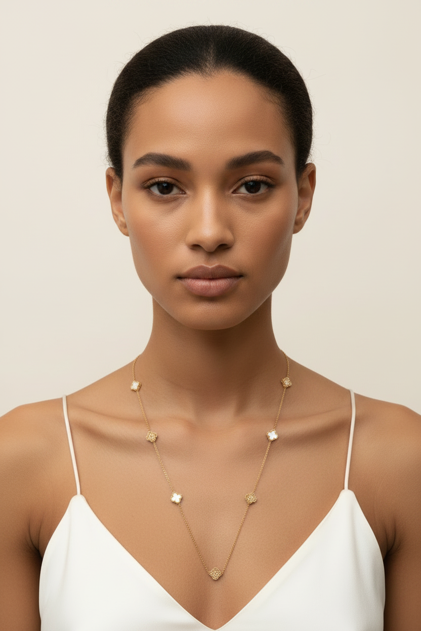 White & Crystal Clover Long Necklace