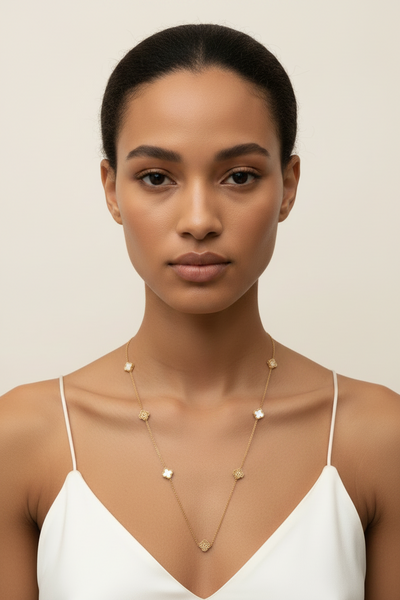 White & Crystal Clover Long Necklace