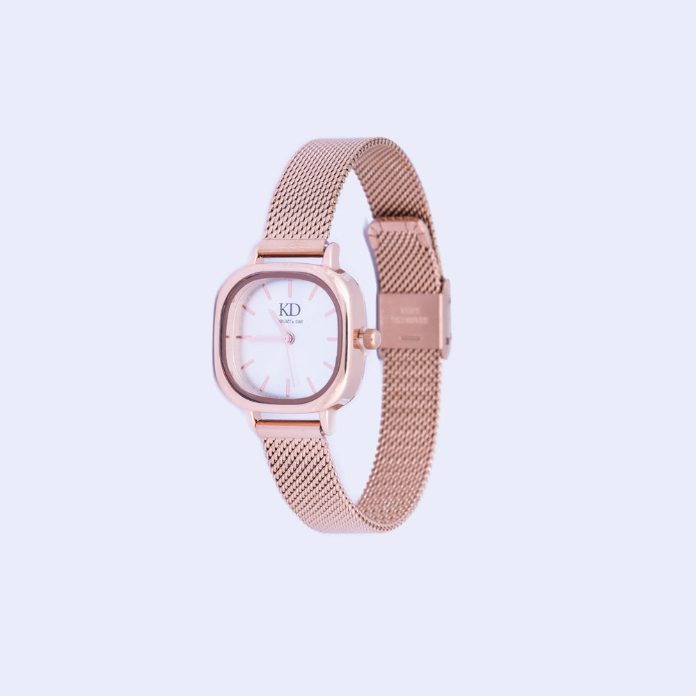 Rose Gold Mesh Band Watch (White Dial)
